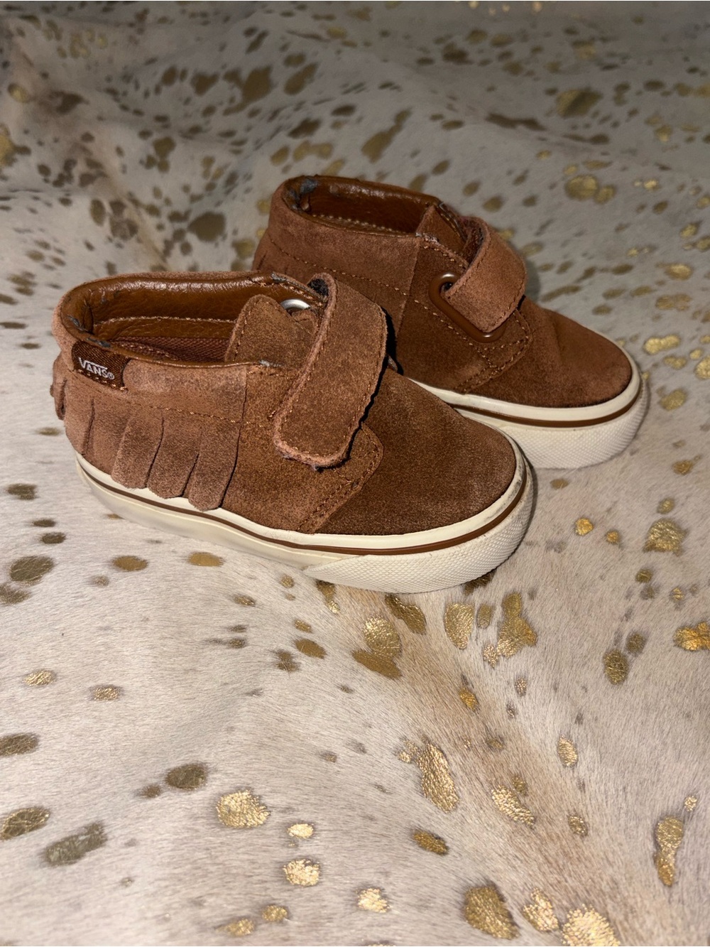 Vans Kids Brown Suede Fringe Hook-and-Loop Moccasins